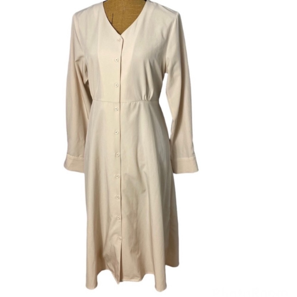 Cream Sheath Midi Dress with Cuffed Long Sleeves Dress L